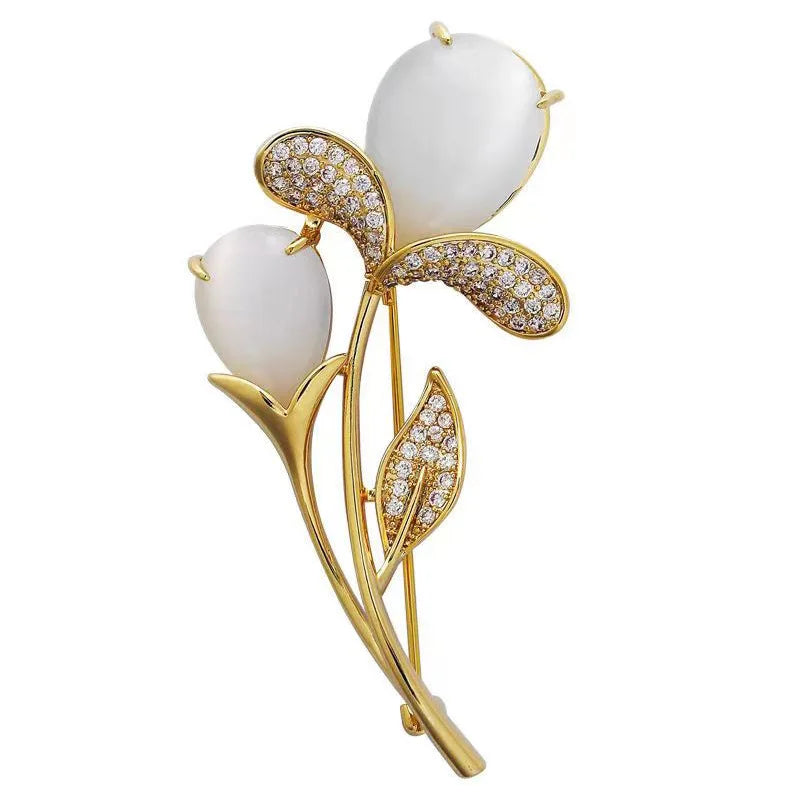 Dospita Fashion Flower Tulip Leaf CZ Zircon Brooch Pins Rhinestones Lapel Jewelry Clothing Accessories Buckle For Women