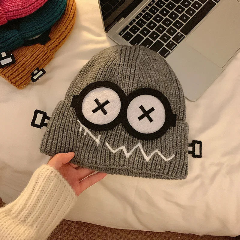 Dospita  -  Kpop Cute Cartoon Cuff Beanie Cap Women's Candy Color Big Eyes Smile Skullies Hat Fashion Streetwear Student Warm Winter Knitted