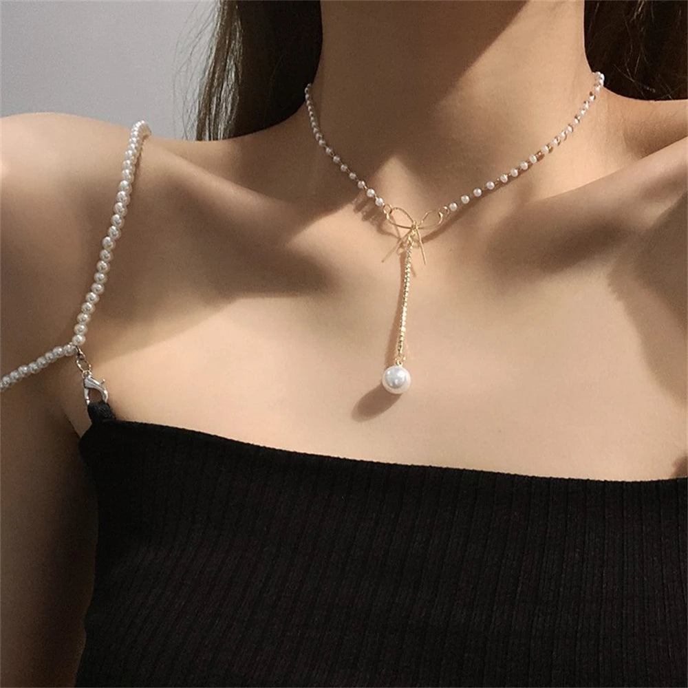 Dospita Natural Freshwater Pearl Rhinestone Bow Necklace For Women Pendant Choker Necklace Neck Chain Charm Accessories Jewelry