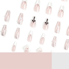 Dospita 24Pcs Pearl heart Press on Nails Cross French Long Style Fake Nail for Women&Girl Removable Wearable Nail Art