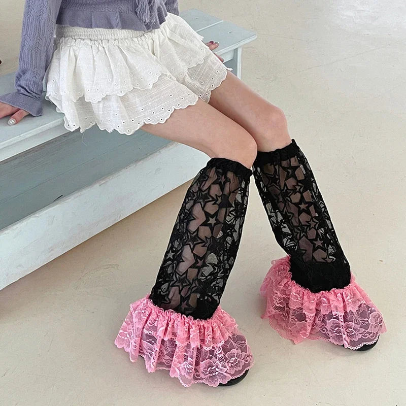 Dospita Y2K Star Lace Leg Socks Black pink Colored Sweet Leg Covers Wide Harajuku Japanese Knee High Boots Leg Cover JK Breathable Socks