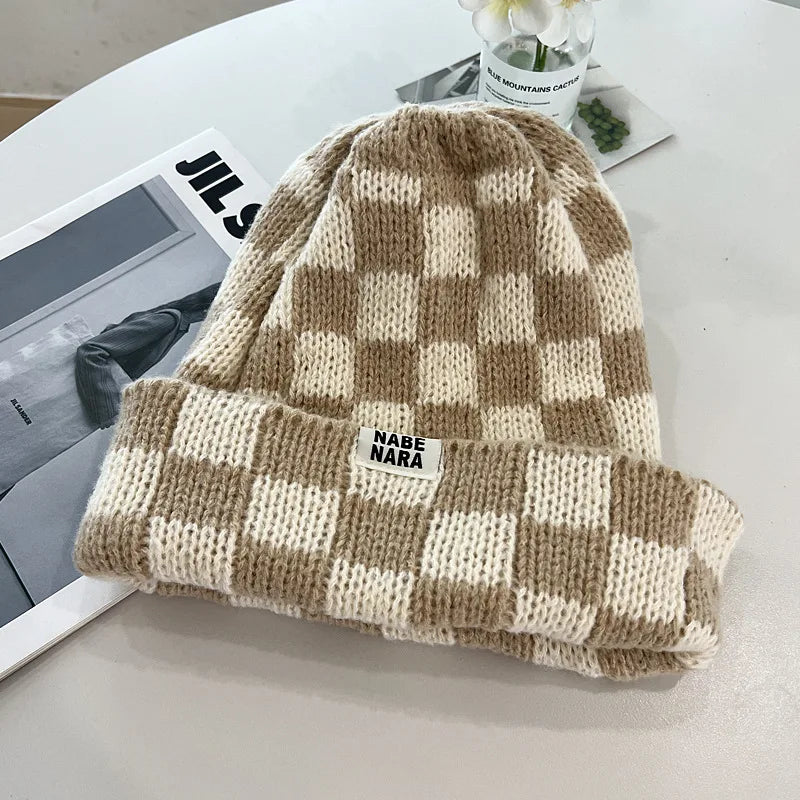 Dospita  -  Fashion Plaid Knitted Beanies for Women Winter Pullover Hat Red Green Color Checkerboard Skull Hat Street Casual Beanie Gorras