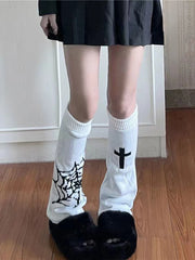 Dospita 1 pair of Y2K wide leg socks knitted warm high leg socks asymmetric gothic cross Spider web socks JK style