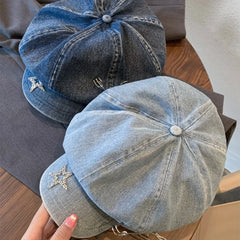 Dospita Painter Hat Y2K Vintage Denim Hat Sweet Cool Star Pattern Berets Cap Big Head Circumference Rough Edge Women Artist Hat Outdoor