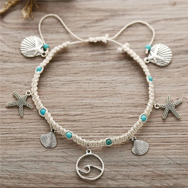 Dospita Bohemian Shell Starfish Wave Anklets for Women Handmade Green Stone Chain Foot Jewelry Summer Beach Anklet Bracelets