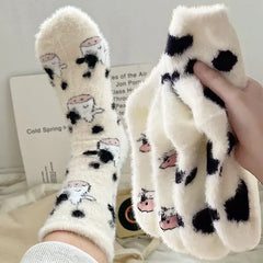 Dospita  -  Cartoon Cute Cow Mink Velvet Socks Women Winter Soft Fleece Plush Warm Home Sleep Boot Socks Kawaii Y2K Furry Thermal Tube Sox