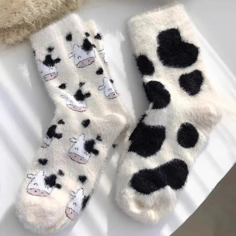 Dospita  -  Cartoon Cute Cow Mink Velvet Socks Women Winter Soft Fleece Plush Warm Home Sleep Boot Socks Kawaii Y2K Furry Thermal Tube Sox