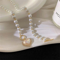 Dospita Korean Fashion Pearl Heart Pendant Necklace Ladies Gold Plated Bead Choker Necklace Female Boho Kawaii Y2K Jewelry Gift