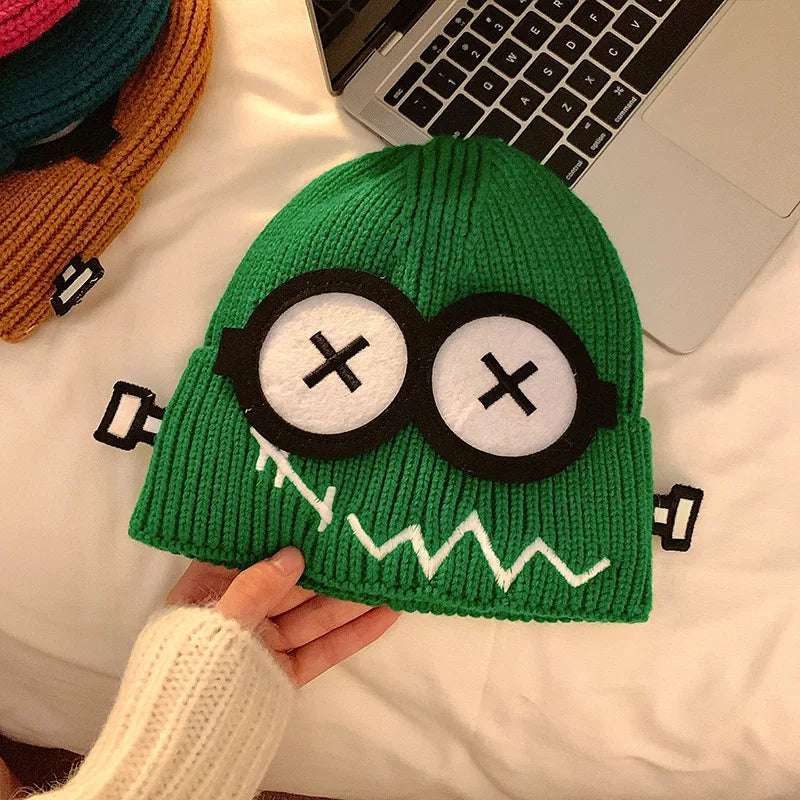 Dospita  -  Kpop Cute Cartoon Cuff Beanie Cap Women's Candy Color Big Eyes Smile Skullies Hat Fashion Streetwear Student Warm Winter Knitted