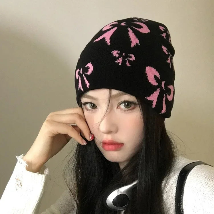 Dospita Street Graffiti Printed Baotou Cold Hat Blackpink Y2K Bow Retro Korean Knitted Hat Women Autumn and Winter Casual Versatile