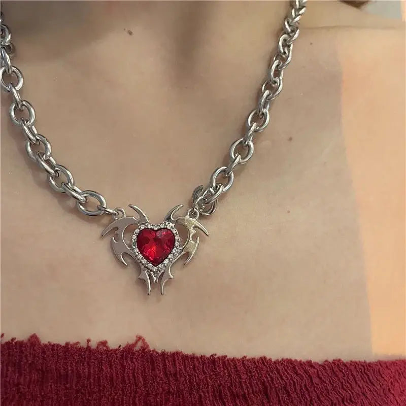 Dospita Korea New Red Zircon Love Pendant Necklace Thick Chain Totem Punk Clavicle Chain Necklace HUANZHI for Women Girls Party Jewelry