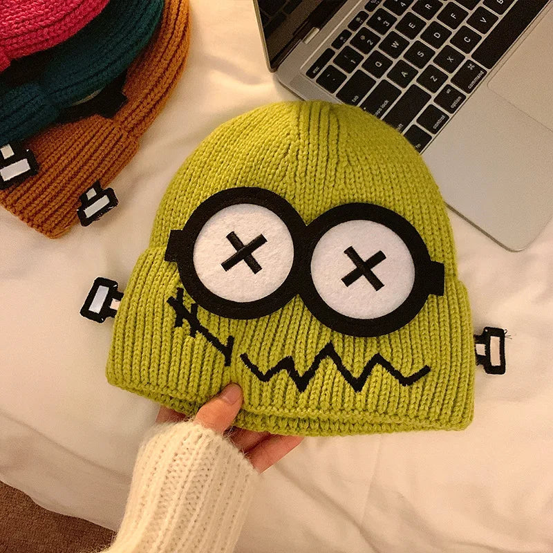 Dospita  -  Kpop Cute Cartoon Cuff Beanie Cap Women's Candy Color Big Eyes Smile Skullies Hat Fashion Streetwear Student Warm Winter Knitted