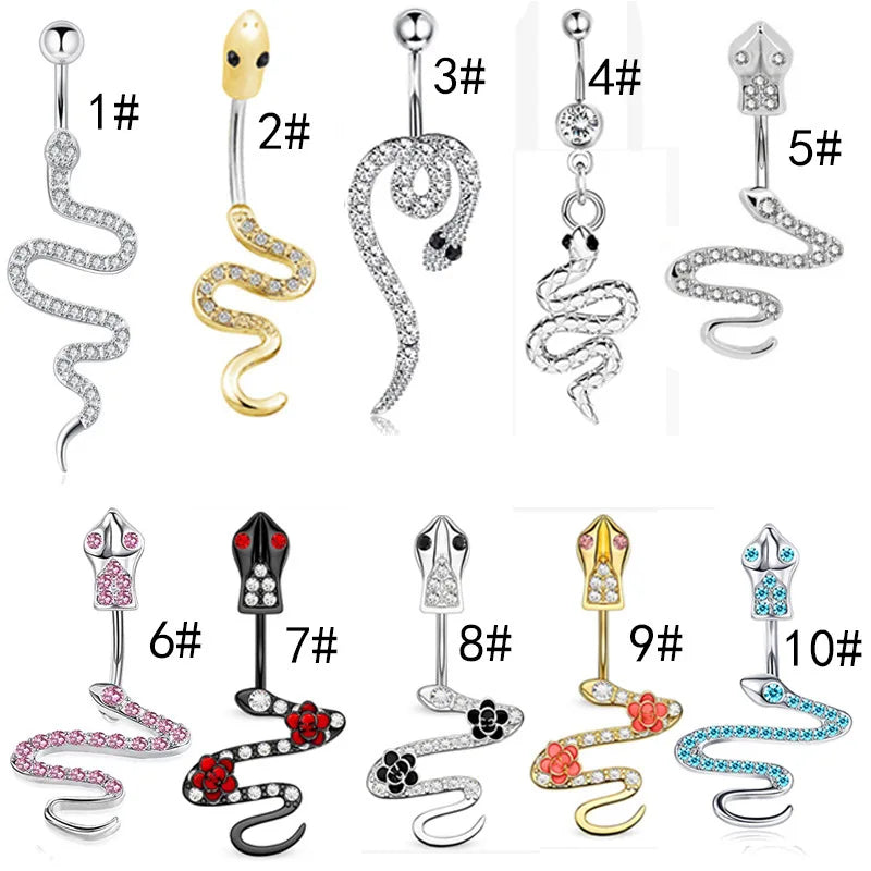 Dospita Fashion Punk Snake Design Zircon Belly Button Rings Sparkling Snake Shaped Navel Rings Sexy Body Jewelry for Women and Girls