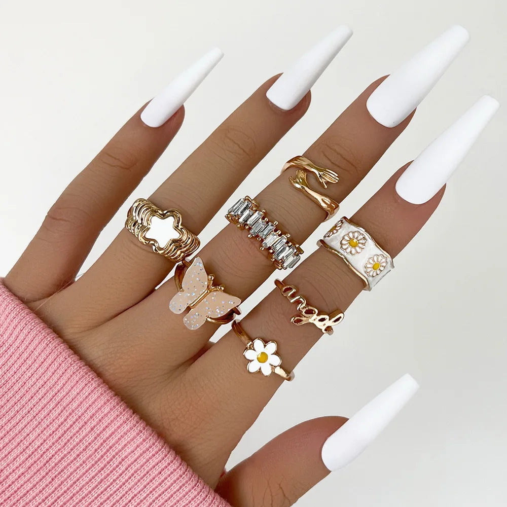 Dospita New VIntage Hug Flower Wave Knuckle Rings Punk Fashion Star Cross Pearl Zircon Knuckle Finger Ring Set for Women Party Jewelry