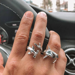 Dospita  -  2x Punk Style Shark Rings White Shark & Hammerhead Shark Rings Adjustable Opening Metal Ring Jewelry Decor for Women Men