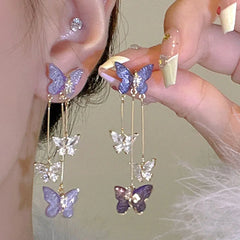 Dospita  -   Needle Purple Butterfly Long Tassel Earrings For Women Jewelry Trending Korean Fashion Luxury Crystal Earrings