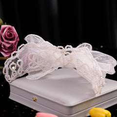 Dospita Bride Headpiece Layered Mesh Bow Decor Pearls Headband Hair Hoop Women Hairbands Bridal Wedding Hair Jewlery Accessories