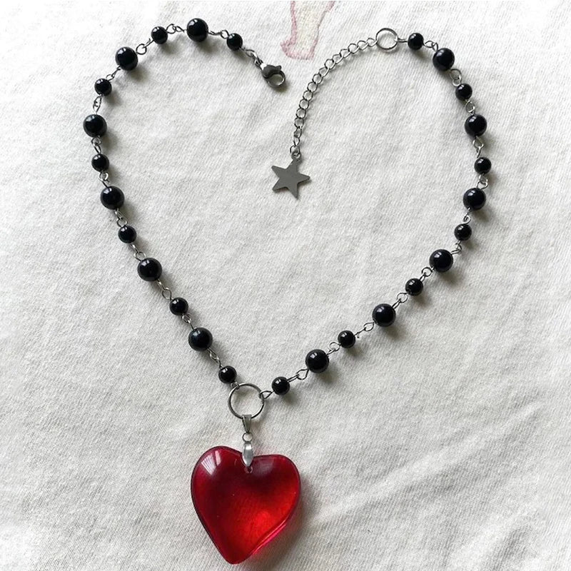 Dospita Rock Red Heart Pendant Necklace Punk Aesthetic DIY Black Pearl Necklace Women Goth Accessories Egirl Jewellery Sexy Cool