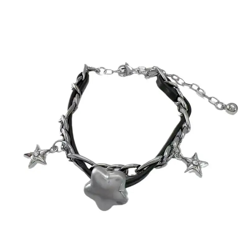 Dospita Kpop Star Leather Chain Necklaces for Women Y2K Punk Multi-Layered Beads Pentagram Tassel Chokers Bracelet Aesthetic Jewelry Set