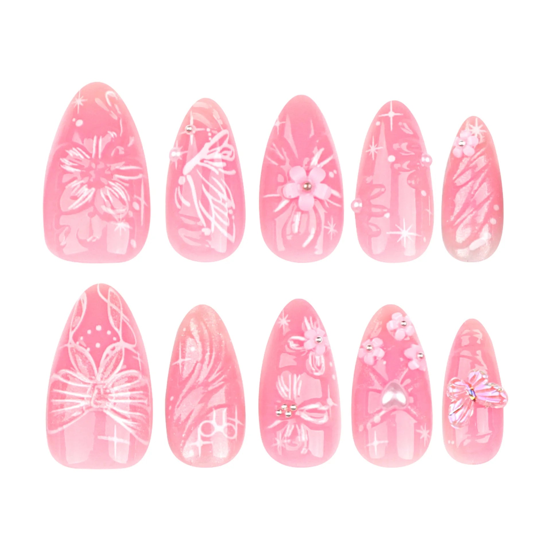 Dospita 24pcs 3D Pink Flower False Nails Sweet French Almond Fake Nail Patch Full Cover Wearable Hand-painted Butterfly Press on Nails