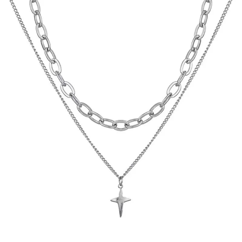 Dospita  -  New Design Double Layer Link Chain Cross Star Necklace for Women Man Teens Trendy Punk Hip hop Stainless Steel Choker