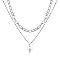 Dospita  -  New Design Double Layer Link Chain Cross Star Necklace for Women Man Teens Trendy Punk Hip hop Stainless Steel Choker