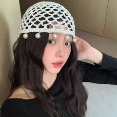 Dospita Round Beads Crochet Hollow Tassels Knitted Hat Hollow Out Cap Knit Beanies Korean Weave Ethnic Style Hat Apparel Accessories