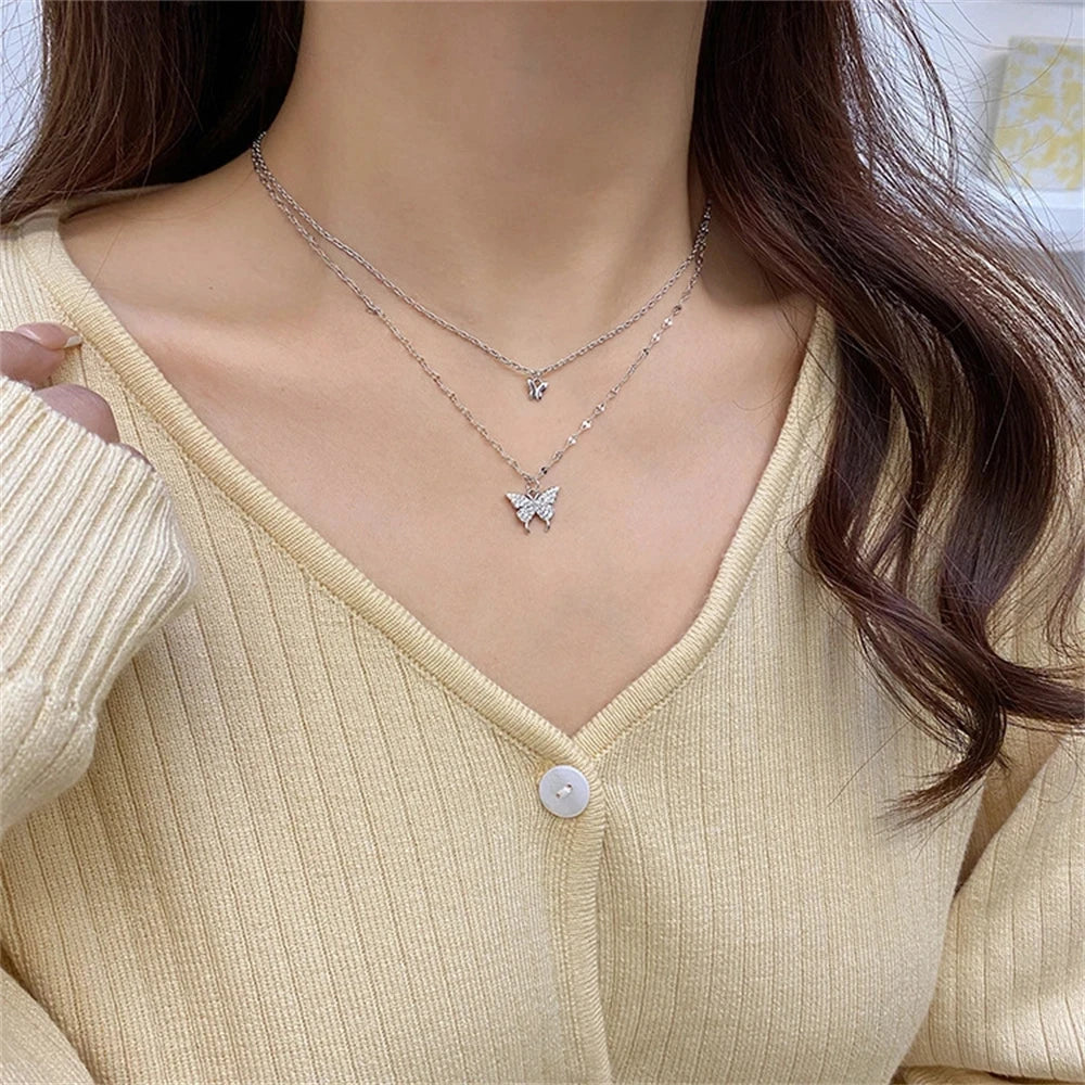 Dospita Shiny Butterfly Pendant Necklace Women Girls Exquisite Double Layer Clavicle Chain Necklace Jewelry For Party Wedding Gift