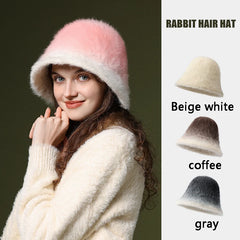 Dospita Rabbit Fur Hats Women Knitted Plush Cold Bonnet Winter Y2K Gradient Rabbit Fur Bucket Hat Warm Fisherman Hat Outdoor Basin Hat