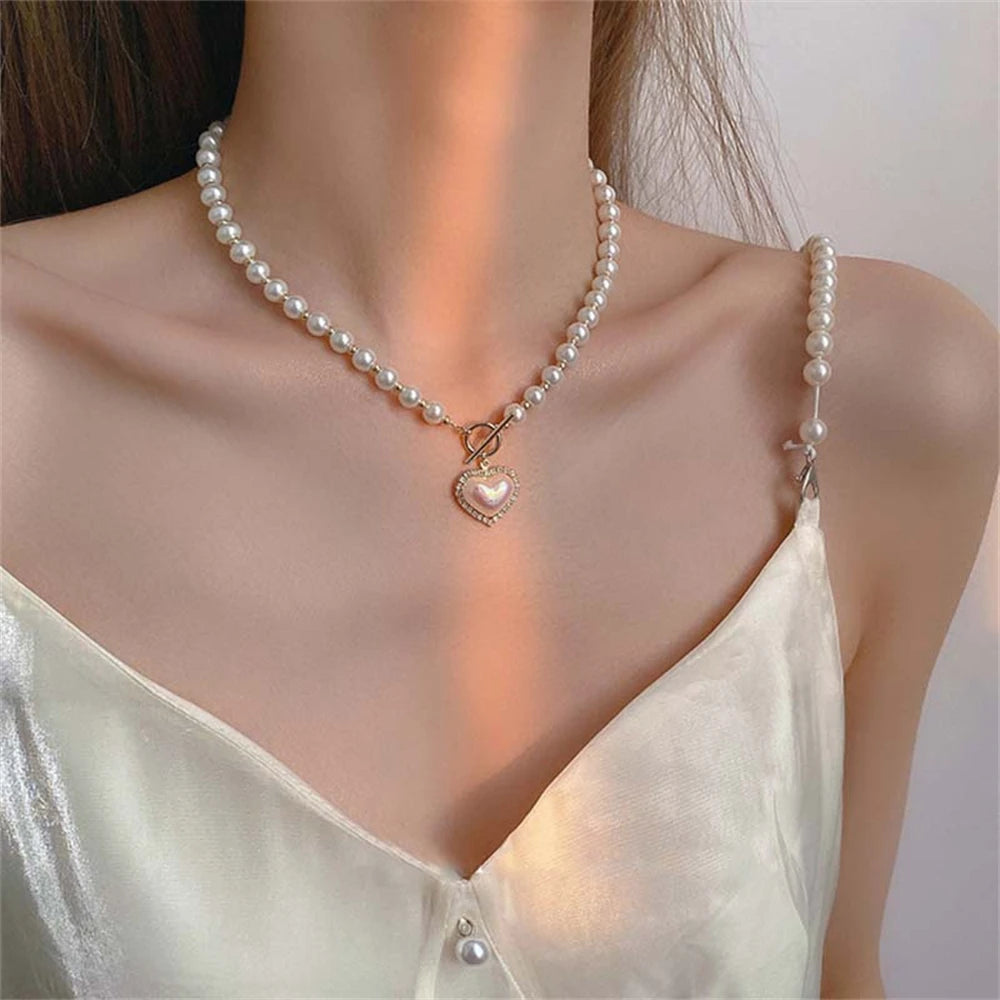 Dospita Luxury Simulated Pearl Heart Pendant Necklaces Elegant Beaded Choker Necklace For Women Party Jewelry Valentine'S Day Gifts