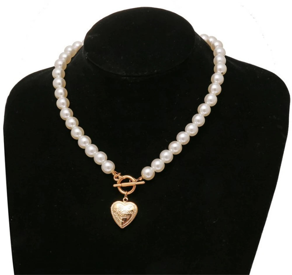 Dospita Vintage Elegant Big Pearl Choker Necklace with OT Buckle Classic Gold Heart Pendant Necklace for Women Jewelry Gifts