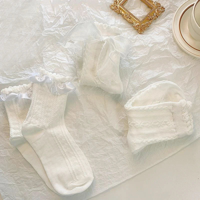 Dospita 5 Pairs Lolita Socks White Bow Lace Socks Middle Tube Japanese College Style Princess Socks Sweet JK Streetwear Hosiery