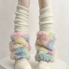 Dospita Cute Colorful Rainbow Leg Warmer Plush Imitation Fur Japanese Women Knitted Over Knee Tube  Winter Warm Long Leg Cover Socks