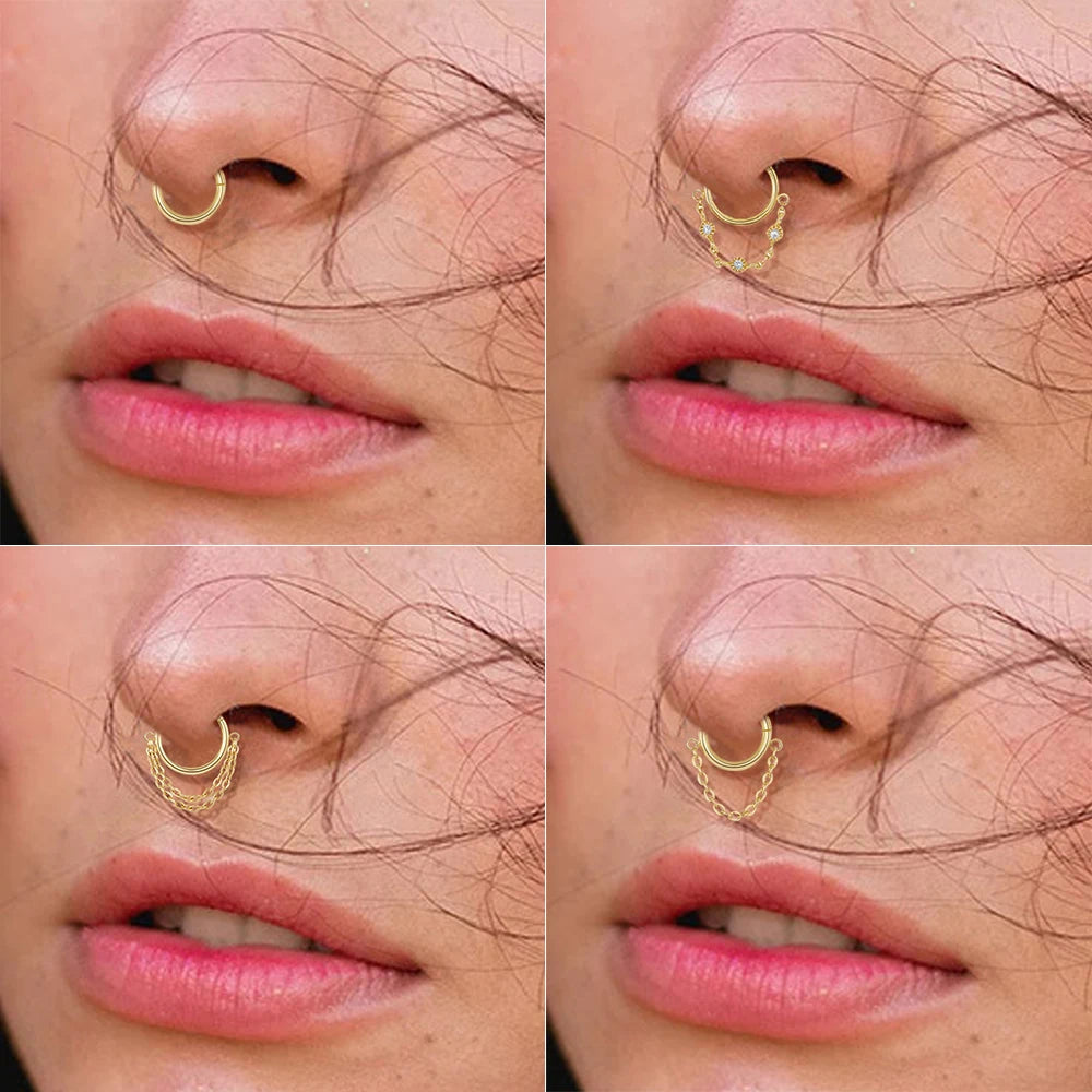 Dospita  -  1pc Stainless Steel Hoop Earrings with Chain Simple Septum Piercing Nose Rings Women Gold Color Tragus Rook Ear Piercing Jewelry