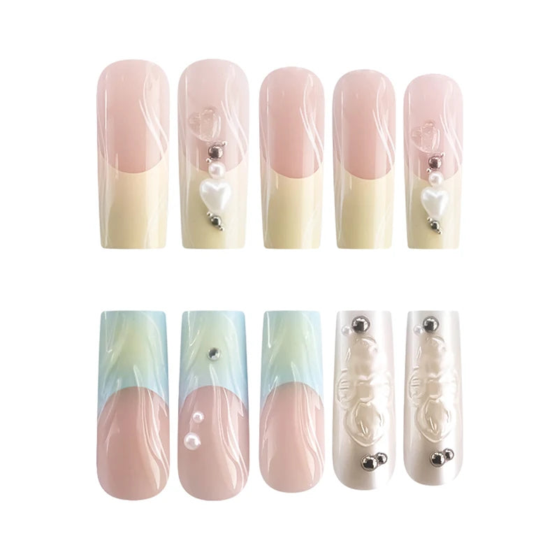 Dospita 24pcs French 3D Colorful Press on Nail Smudge Y2k Butterfly Square Fake Nails White pearl Wearable False Nail for Women and Girl