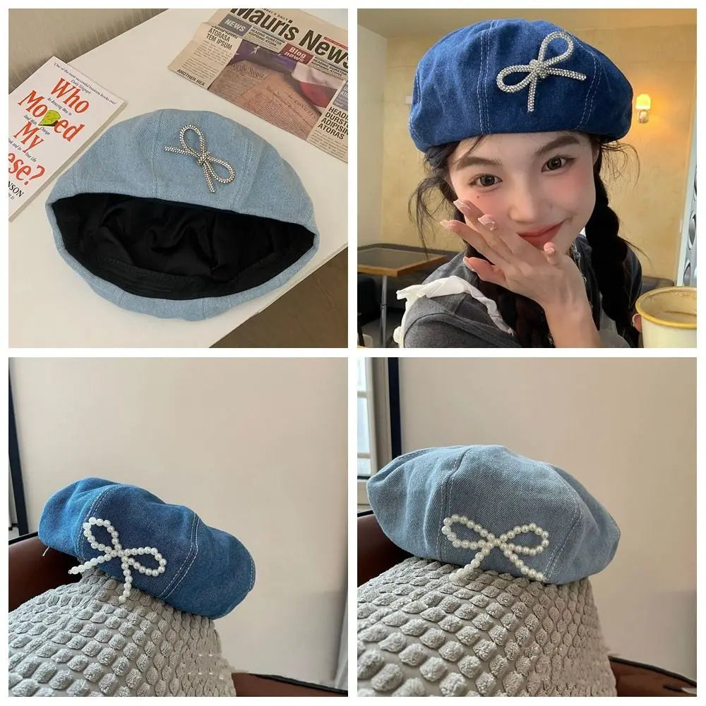 Dospita Japanese Korean Style Pearl Bow Beret Y2K Blue Denim Octagonal Hat Sweet Breathable Cowboy Beret Cap Girls