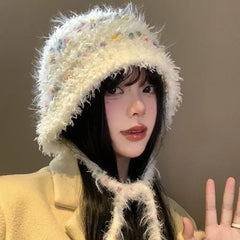 Dospita Fashion Korean Stye Rainbow Beans Hat Autumn Winter Outdoor Y2k Woolen Crochet Hat Ear Protection Warm Women Bucket Hat Girls