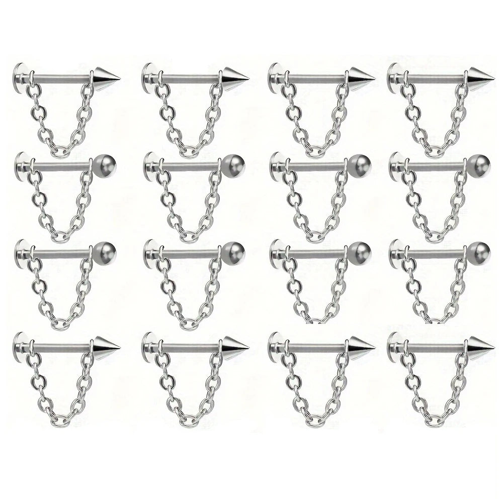 Dospita 2pcs Fashion Simple Stainless Steel Chain Lip Stud Cartilage Stud Earrings Detachable Piercing Jewelry For Daily Wear