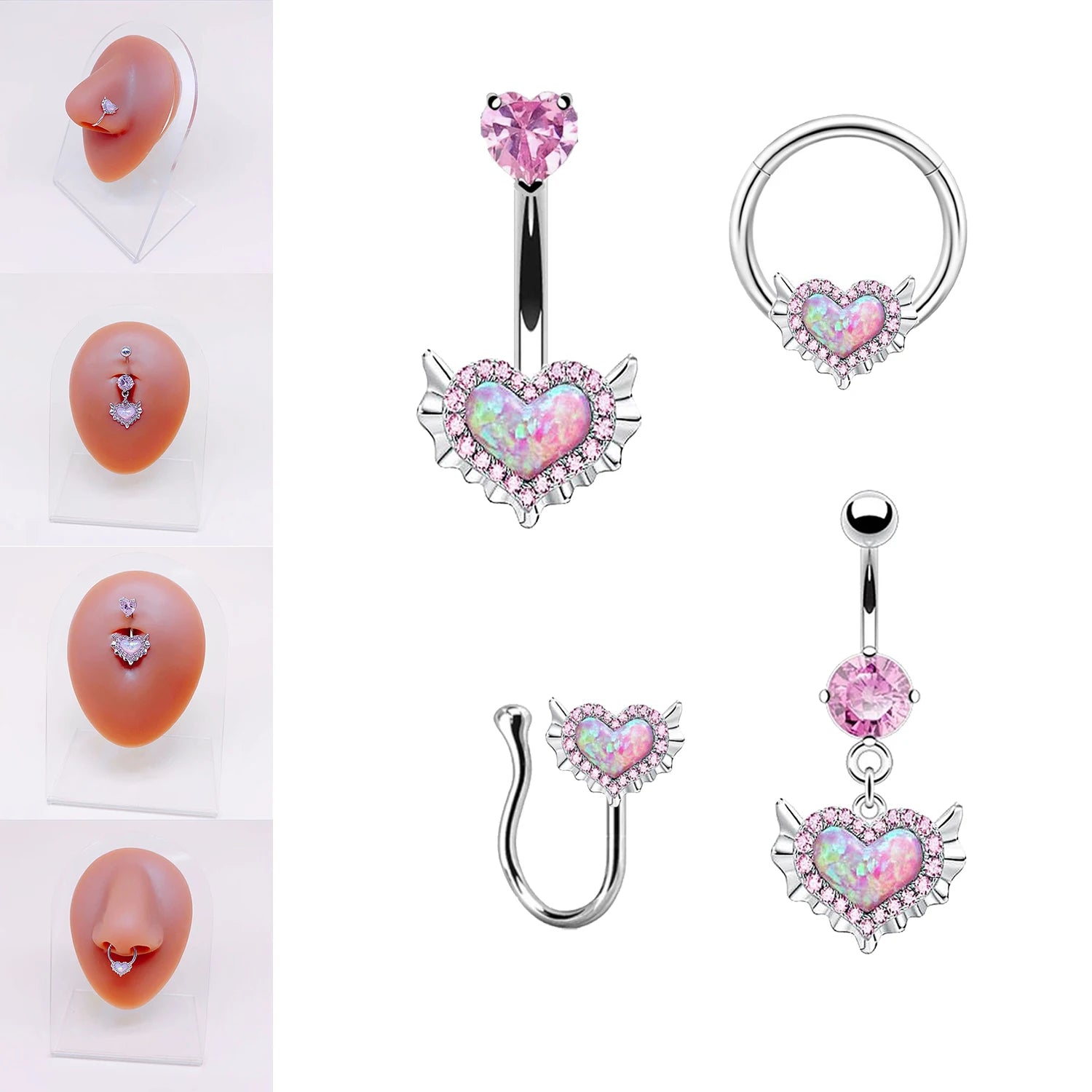 Dospita Pink Navel Belly Button Rings Women Opal Heart Nose Clip Lip Piercing Helix Screw Earring Stud Cartilage Conch Piercing