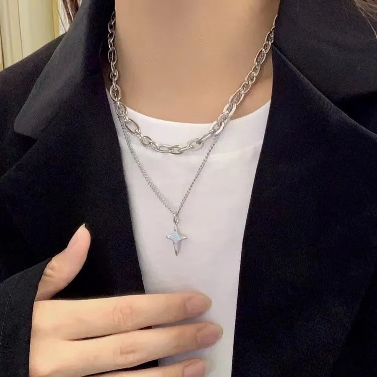 Dospita  -  New Design Double Layer Link Chain Cross Star Necklace for Women Man Teens Trendy Punk Hip hop Stainless Steel Choker