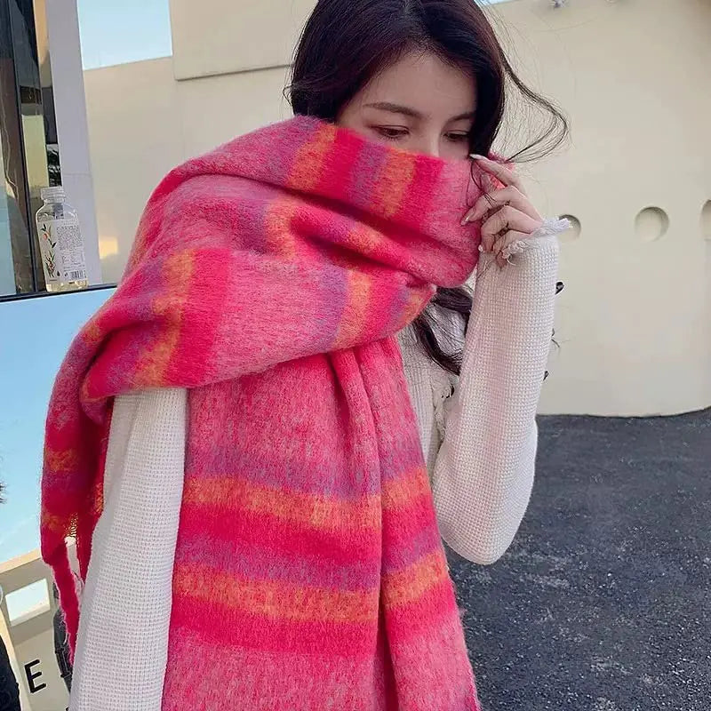 Dospita Retro Imitation Cashmere Scarf Winter Women Fashion Green Mohair Striped Scarves Korean Classic Thicken Warm Soft Shawl