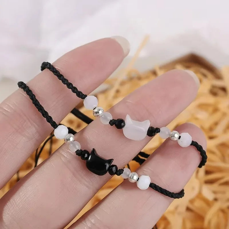 Dospita  -  1pair Natural Moonstone Obsidian Bracelets Couple Minimalist Bracelet Handmade Cute Black White Cat Bracelet Party Jewelry Gifts