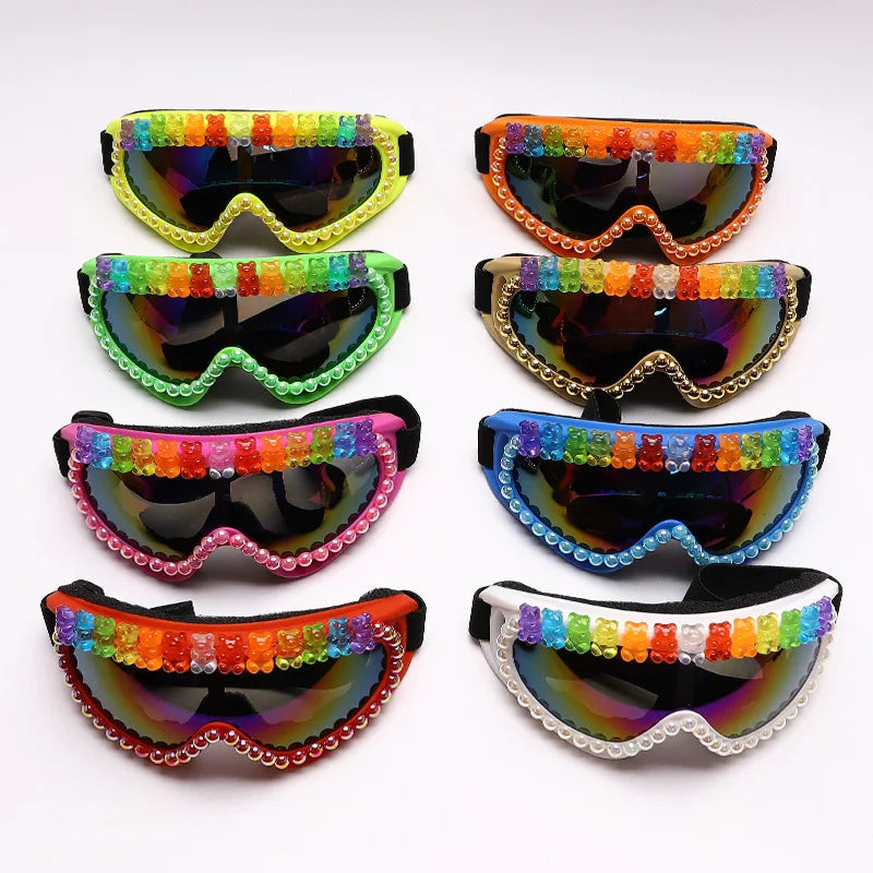 Dospita Ski Goggles Women Futuristic Goggles Large Frame Colorful Cute Bear Goggles Winter Windproof Eyewear Dust-Proof Driving Glasses