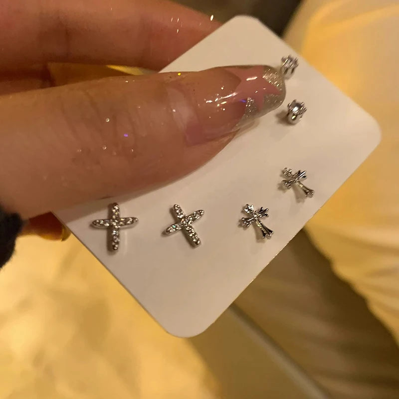 Dospita 6Pcs/set Silver Color Rhinestone Cross Stud Earrings For Women Fashion Punk Earring Sets Trendy Jewelry Gifts