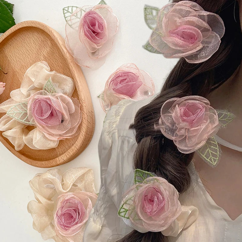 Dospita Elegant Camellia Flower Scrunchies Female Senior Dried Rose Hairpin Grab Clip Hairwear Headstring Bangs Clips Hairpin Headwear