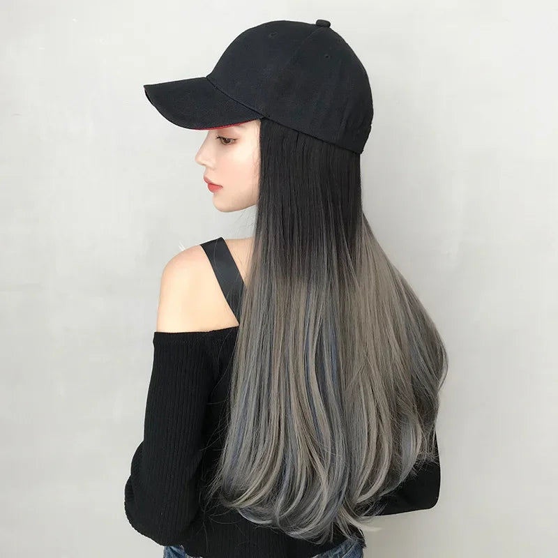 Dospita Trendy Long Curly Wigs Cap Women One-piece Wig Hats Gradient Color Wig Caps Y2K Wig Punk Baseball Cap Casual Daily Wigs Bonnet