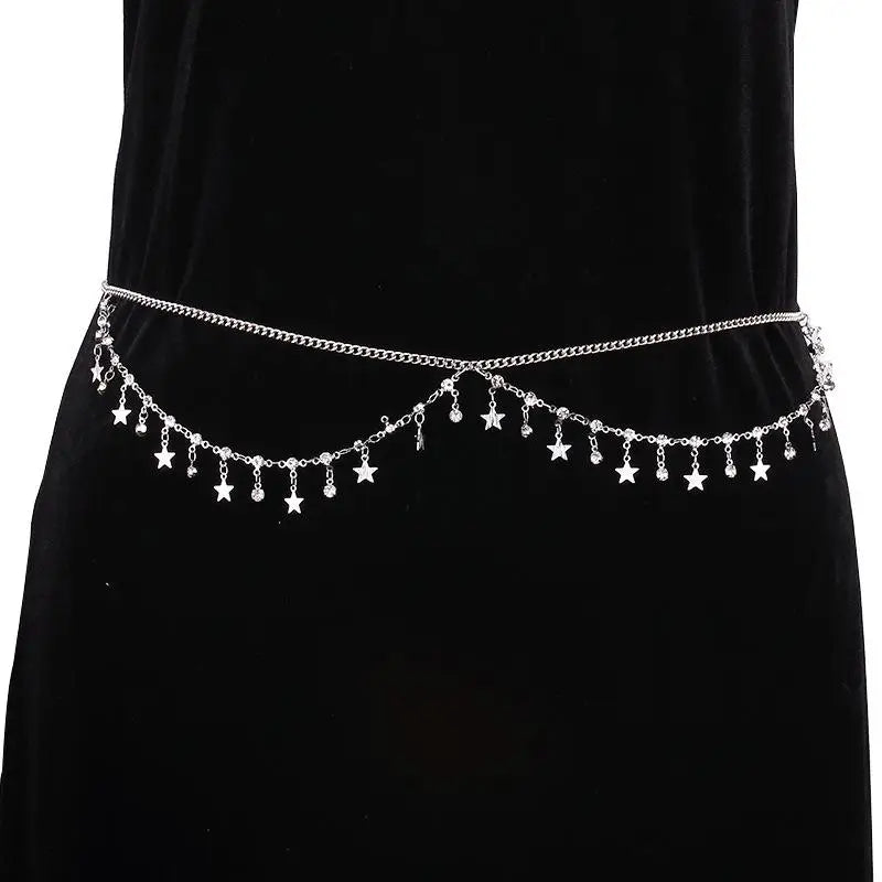 Dospita Shiny Rhinestone Star Tassels Multilayer Belly Waist Chain for Women Sexy Star Cross Belt Aesthetic Summer Beach Body Jewelry