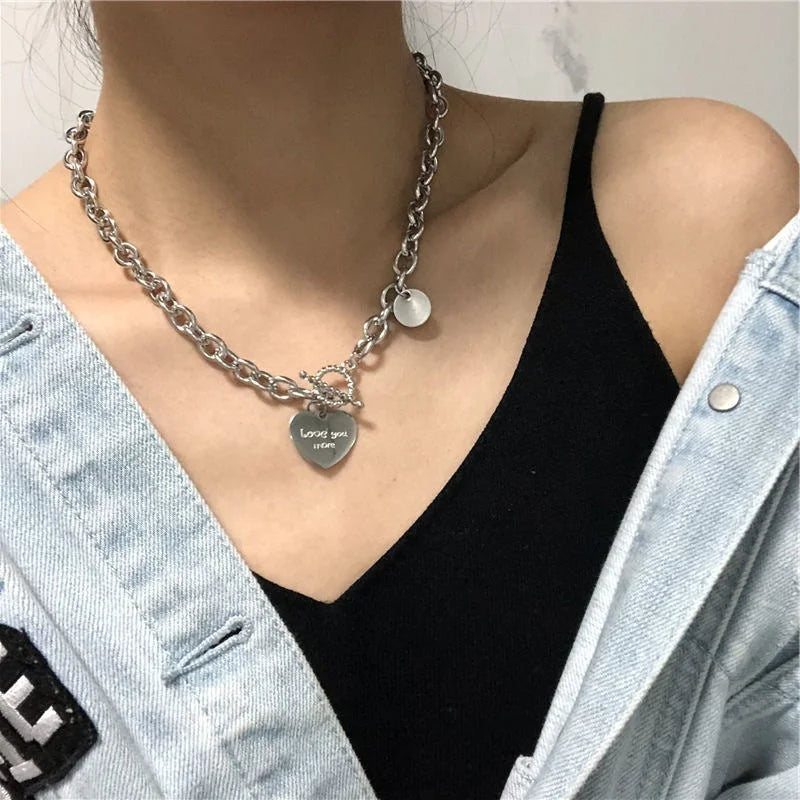 Dospita  -  Collar Heart Necklace For Women Punk Stainless Steel Chain Hip Hop Fashion Simple Letter Chokers Statement Goth Jewelry