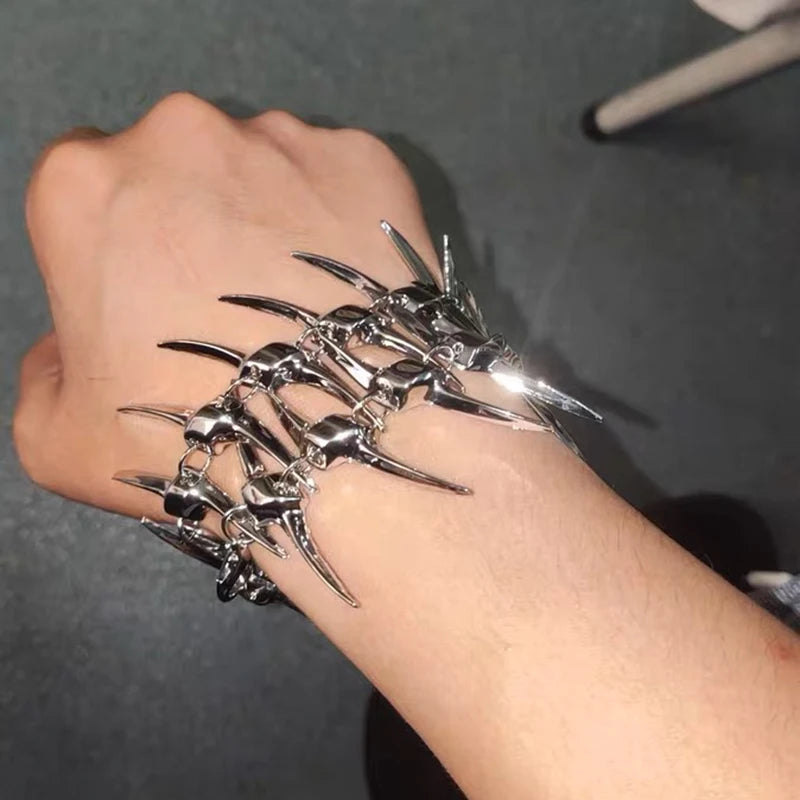 Dospita Cyberpunk Silver Thorny Spine Fishbone Bracelet Gothic Hip Hop Unisex Metal Chain Bangle Couple Choker Jewelry Accessories