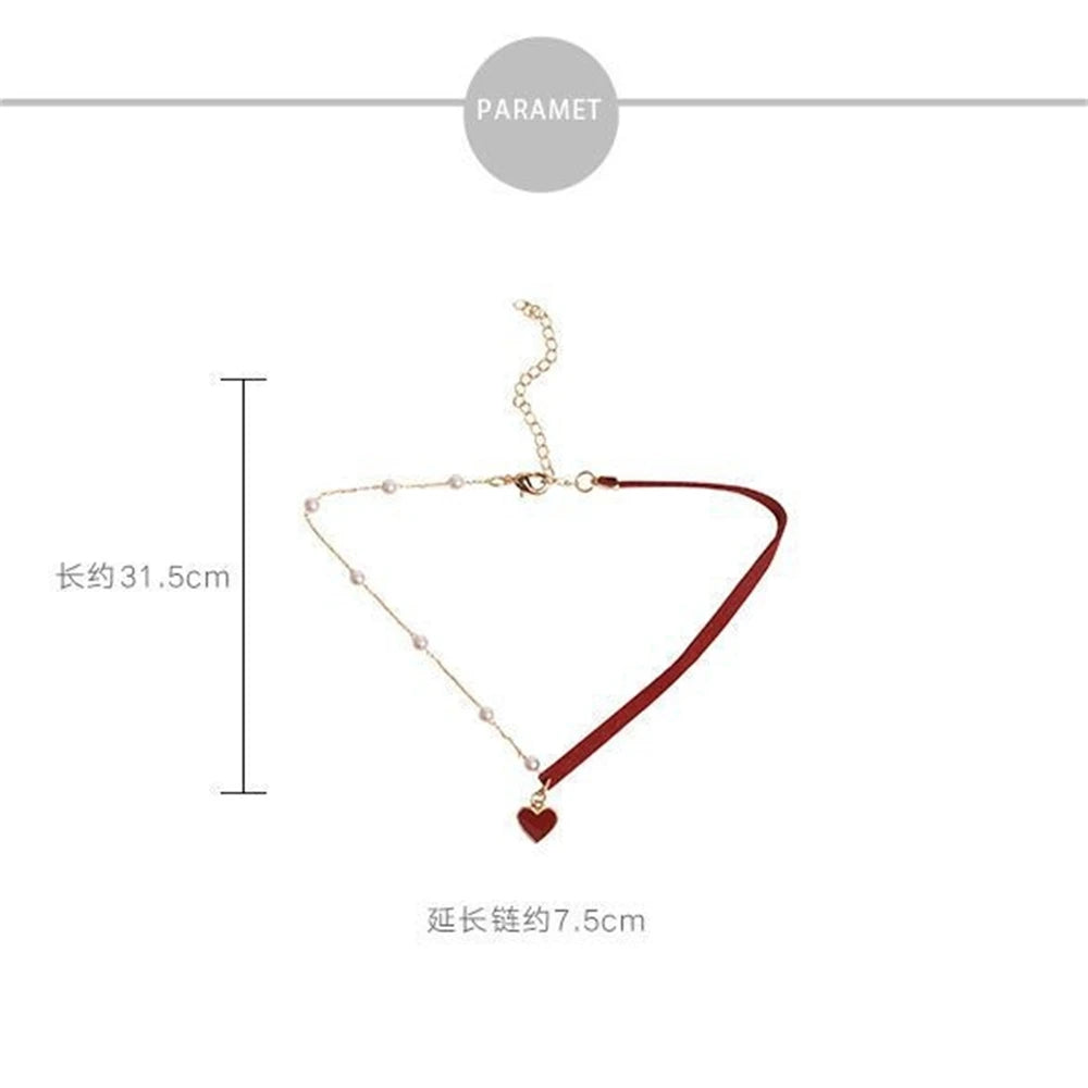 Dospita Red Heart Pearl Necklace Lady Aesthetic Asymmetric Korea Fashion Gold Plated Alloy Choker Necklace For Women Jewelry Accessories